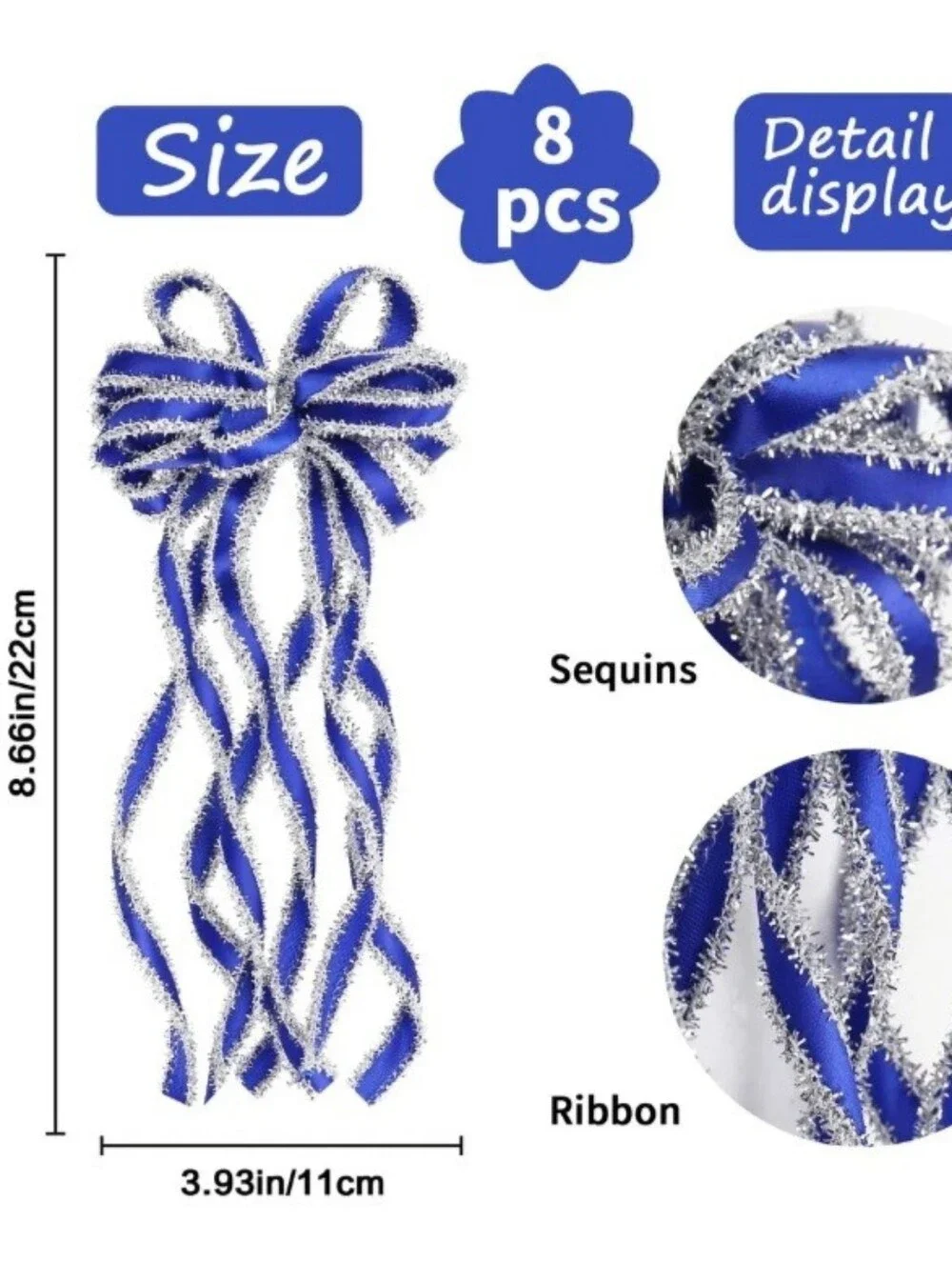 Blue and Silver Ribbon Bow Set. 8 Pieces. NWT.